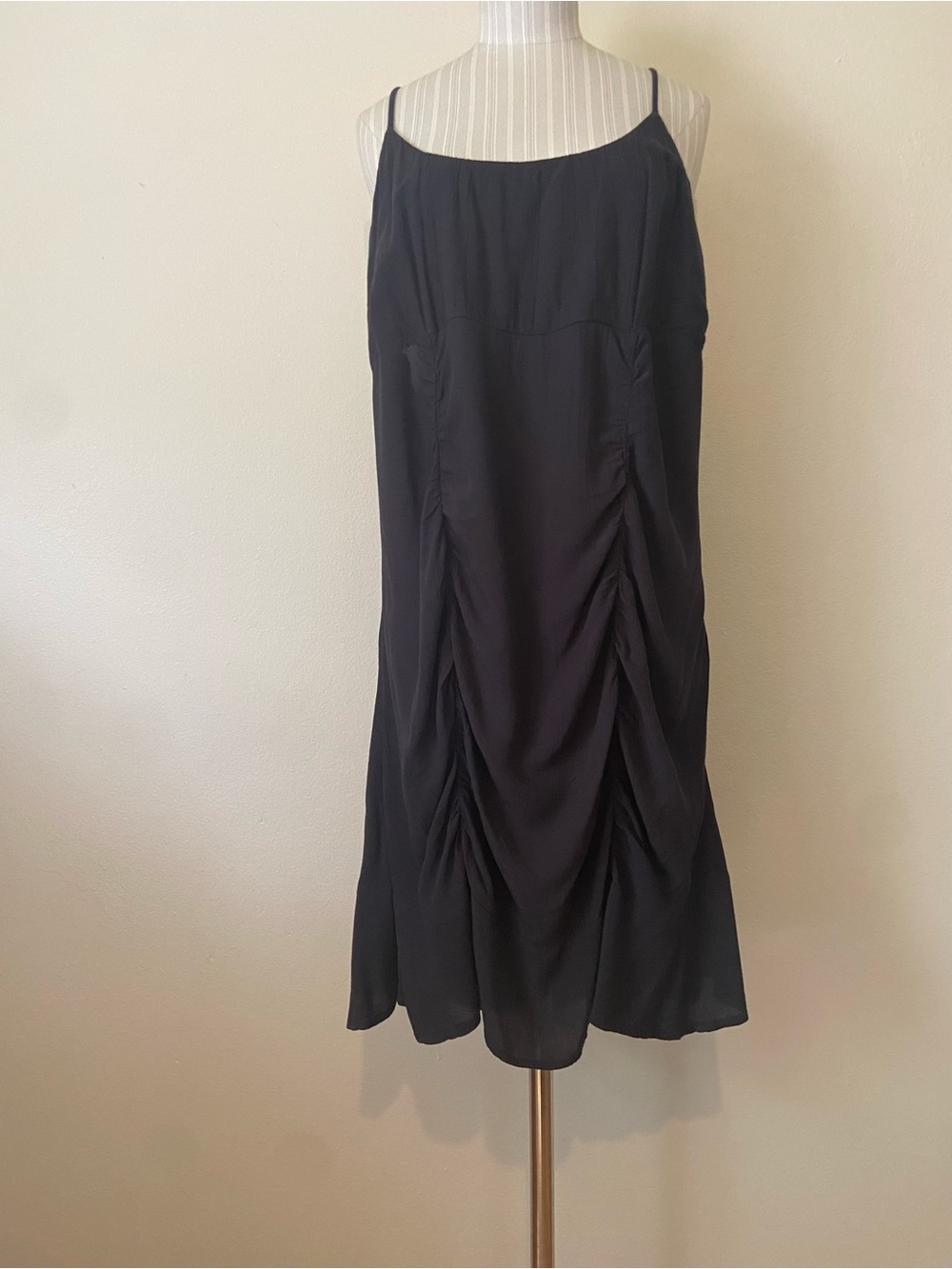 Ruched Black Midi Slip Skirt with Spaghetti Straps